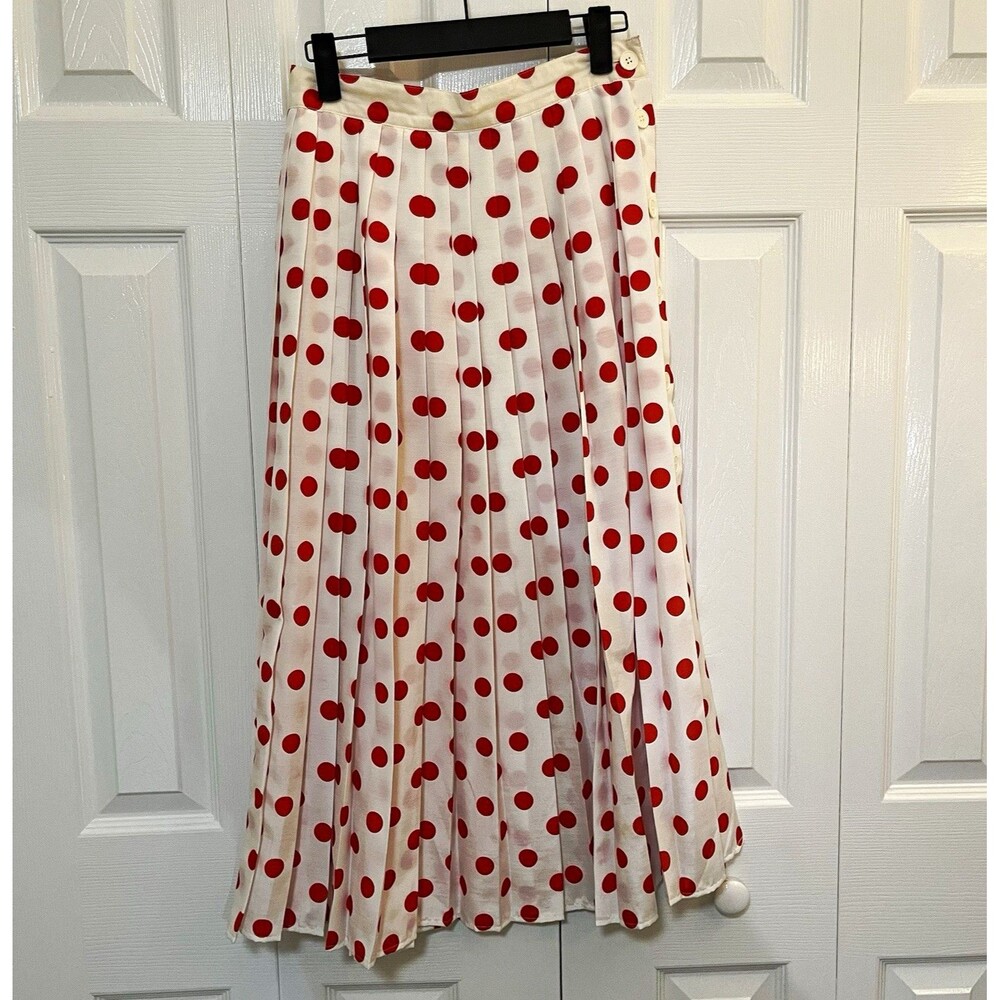 VTG Mondi Women's Red White Polka Dot Pleated Midi Skirt Size 38 Button Closure